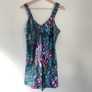 Vintage Colorful Floral Satin Slip Dress Bows Sz S Made In USA